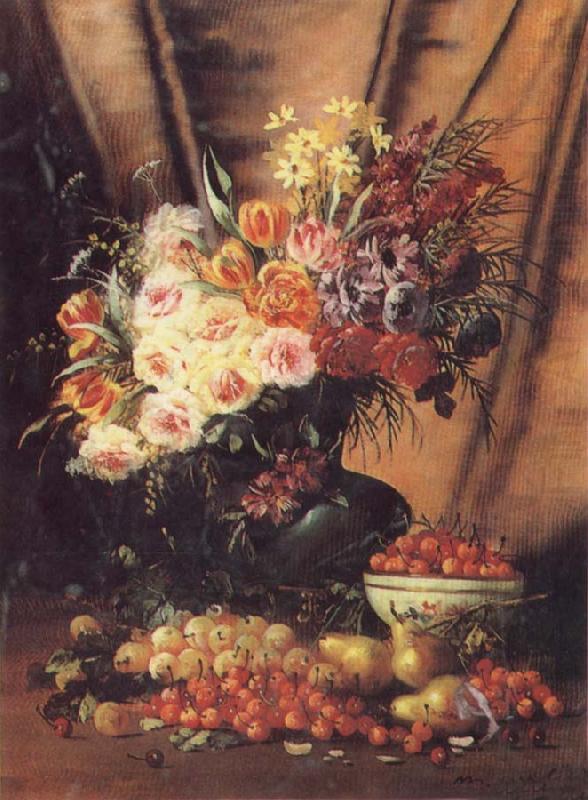 Modeste Carlier A Still life with Assorted Flowers,Cherries Pears and Quince china oil painting image